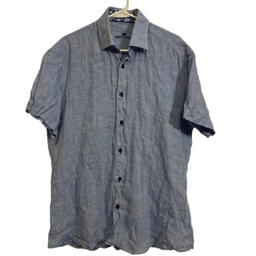 Bertigo Mens Blue 100% Linen Short Sleeve Button Down Shirt Contrast Collar L